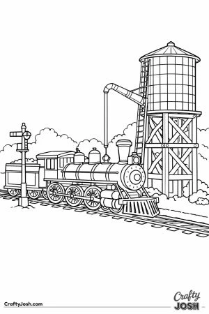 Steam locomotive stopped at railway water tower