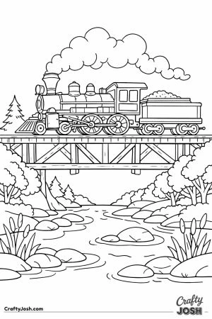 Steam train crossing wooden railway bridge over river