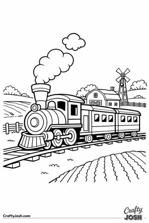 Steam train traveling past farm and barn