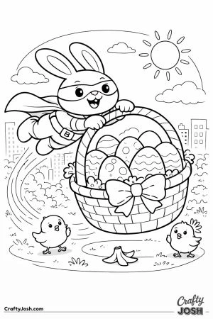 A superhero bunny wearing a cape and mask flies through the sky while holding a large Easter basket filled with decorated eggs, as two small chicks ..