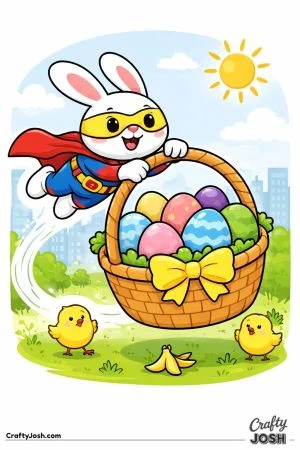 A superhero bunny wearing a cape and mask flies through the sky while holding a large Easter basket filled with decorated eggs, as two small chicks ..