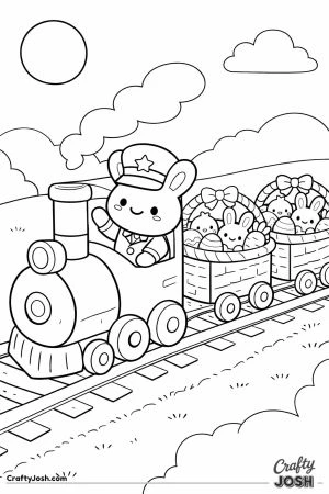 This black-and-white line art page shows a smiling bunny dressed as a train conductor driving a steam train that is pulling wagons filled with Easter ..