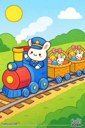 This black-and-white line art page shows a smiling bunny dressed as a train conductor driving a steam train that is pulling wagons filled with Easter ..
