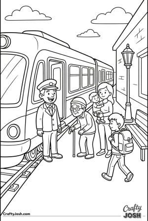 Train conductor greeting passengers