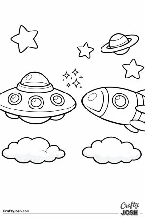 Two friendly cartoon spaceships in space facing each other with a small sparkling star cluster between them and a ringed planet in the distance.