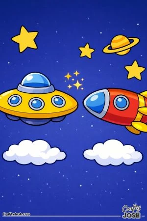 Two friendly cartoon spaceships in space facing each other with a small sparkling star cluster between them and a ringed planet in the distance.