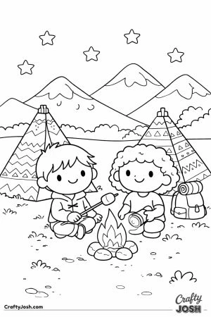 Two kids sit by a campfire in a simple outdoor scene with tents, mountains, and stars in the night sky