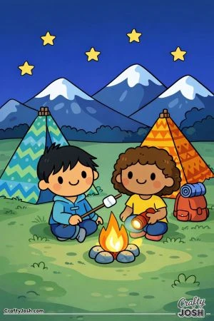 Two kids sit by a campfire in a simple outdoor scene with tents, mountains, and stars in the night sky