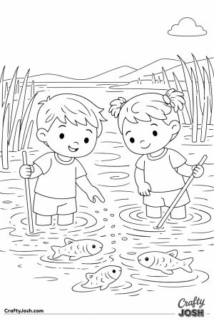 Two children stand in shallow water using sticks while watching fish swim around them, surrounded by tall reeds and gentle ripple patterns