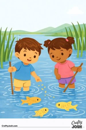 Two children stand in shallow water using sticks while watching fish swim around them, surrounded by tall reeds and gentle ripple patterns