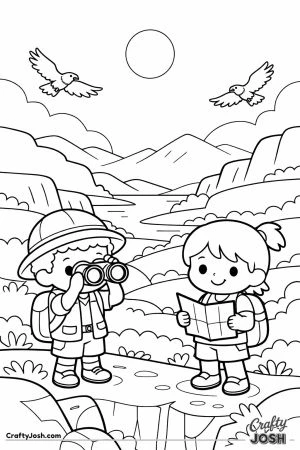 Two kids stand on a cliff exploring a wide valley with hills, a river, birds, and a big sun in the sky.