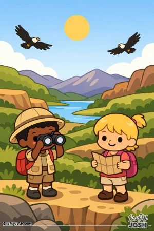 Two kids stand on a cliff exploring a wide valley with hills, a river, birds, and a big sun in the sky.