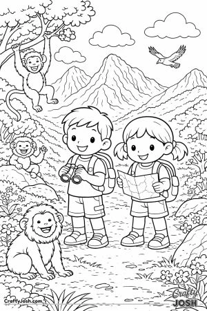 Two smiling children stand in a mountain landscape with playful monkeys around them, holding binoculars and a map under fluffy clouds