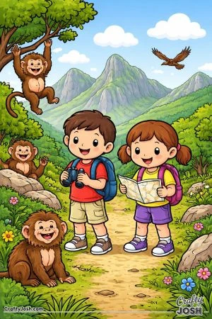 Two smiling children stand in a mountain landscape with playful monkeys around them, holding binoculars and a map under fluffy clouds