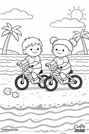 Two kids ride their bikes along a sandy beach with ocean waves, seashells, and palm trees around them