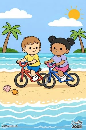 Two kids ride their bikes along a sandy beach with ocean waves, seashells, and palm trees around them