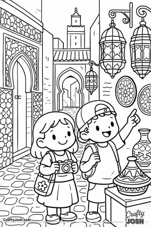 Two children stand in a narrow street surrounded by patterned walls and hanging lanterns, with one pointing while the other holds a camera