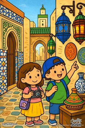 Two children stand in a narrow street surrounded by patterned walls and hanging lanterns, with one pointing while the other holds a camera