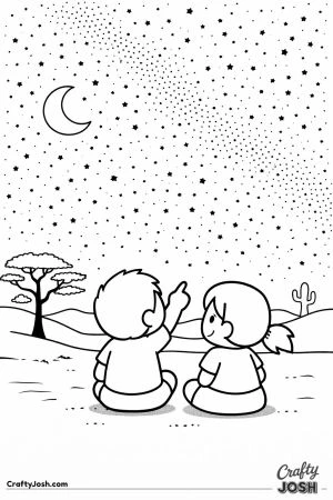 Two kids sit on the ground in a desert, looking up at a sky full of stars and a crescent moon, with one child pointing upward