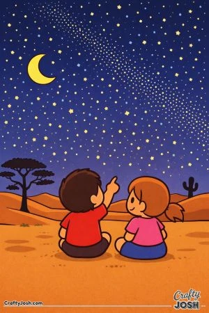 Two kids sit on the ground in a desert, looking up at a sky full of stars and a crescent moon, with one child pointing upward