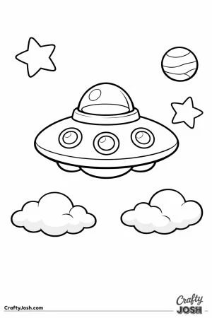 A friendly UFO-style flying saucer hovers above clouds with large stars and a planet floating around it.