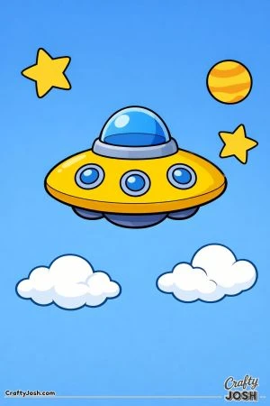 A friendly UFO-style flying saucer hovers above clouds with large stars and a planet floating around it.