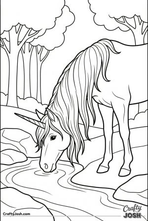 Unicorn drinking forest stream