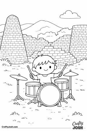 A smiling boy plays a drum set in front of large stone ruins with simple block patterns and a clear outdoor setting