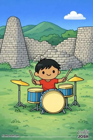 A smiling boy plays a drum set in front of large stone ruins with simple block patterns and a clear outdoor setting