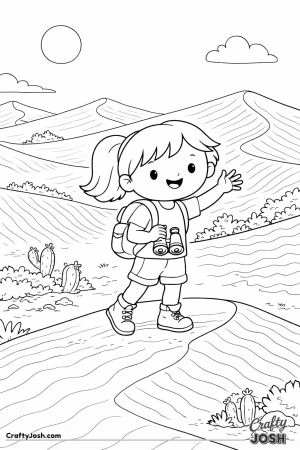 A smiling girl walks across desert dunes with zig-zag sand patterns, carrying binoculars and a backpack under a sunny sky