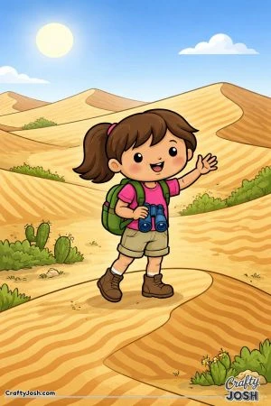 A smiling girl walks across desert dunes with zig-zag sand patterns, carrying binoculars and a backpack under a sunny sky