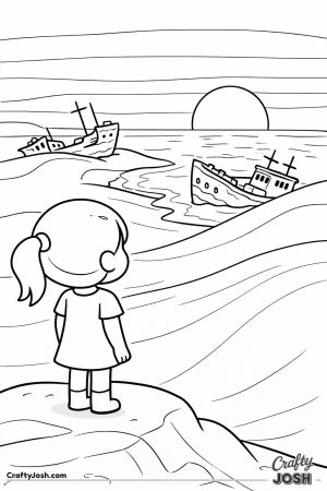 A young girl stands on a sand dune looking out at the ocean, where simple ship shapes rest near the shore under a large setting sun.