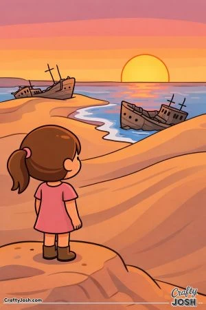 A young girl stands on a sand dune looking out at the ocean, where simple ship shapes rest near the shore under a large setting sun.