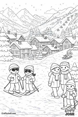 A cozy mountain village scene shows wooden houses with snow-covered roofs, tall snowy mountains, and people skiing, walking, and enjoying winter ..