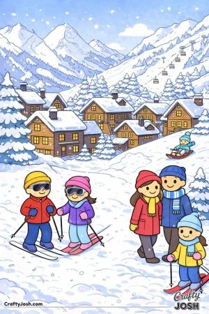 A cozy mountain village scene shows wooden houses with snow-covered roofs, tall snowy mountains, and people skiing, walking, and enjoying winter ..