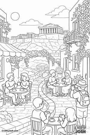People sit at small round tables drinking coffee and talking along a cozy street with plants and ancient ruins in the background