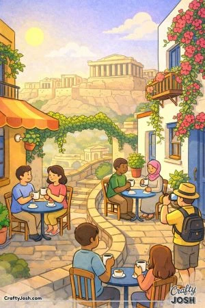 People sit at small round tables drinking coffee and talking along a cozy street with plants and ancient ruins in the background
