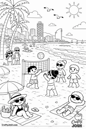 Children play volleyball on a sunny beach while others relax on towels, walk along the shore, and enjoy the ocean view with palm trees and city ..