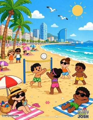 Children play volleyball on a sunny beach while others relax on towels, walk along the shore, and enjoy the ocean view with palm trees and city ..
