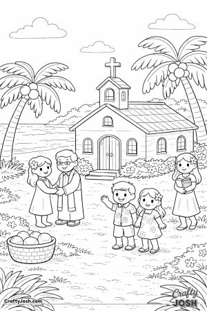 A small church near the beach is surrounded by palm trees with a few people standing, greeting, and gathering along the shoreline under a simple sky.