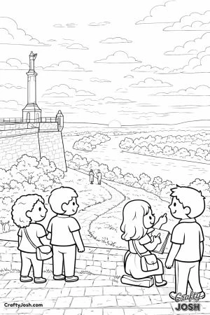 A scenic fortress view shows people standing together and watching the sun set over a wide river landscape with trees and a winding path below.