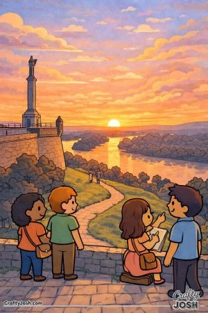 A scenic fortress view shows people standing together and watching the sun set over a wide river landscape with trees and a winding path below.