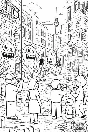 A lively street scene shows colorful graffiti walls, posters, buildings, and people walking, taking photos, and sketching in an urban alley