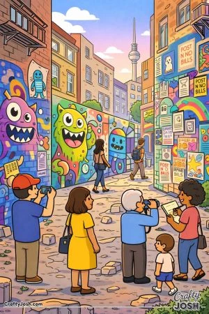 A lively street scene shows colorful graffiti walls, posters, buildings, and people walking, taking photos, and sketching in an urban alley