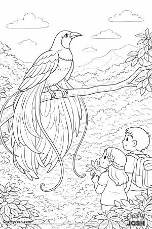 A large bird sits on a tree branch with long flowing feathers while two people stand below looking up at it in a simple nature setting.