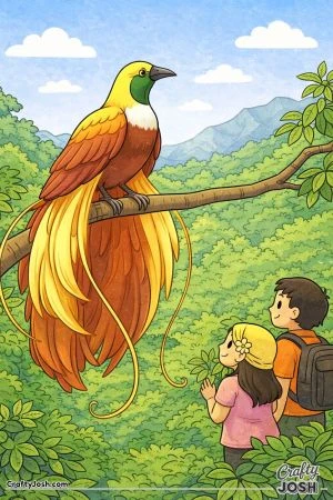 A large bird sits on a tree branch with long flowing feathers while two people stand below looking up at it in a simple nature setting.