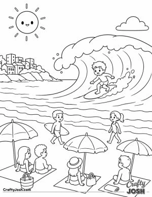 A fun beach scene shows a surfer riding a big wave while people relax and walk on the sandy shore under umbrellas and a smiling sun