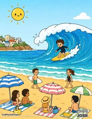 A fun beach scene shows a surfer riding a big wave while people relax and walk on the sandy shore under umbrellas and a smiling sun