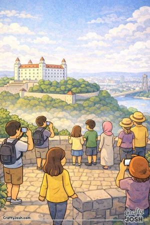 A castle sits on a hill overlooking a river and city while people stand at a viewpoint taking photos and enjoying the wide view