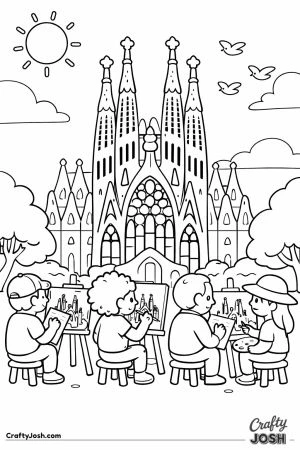 A simple scene shows the Sagrada Familia with tall towers, colorful windows, and a group of people sitting and painting in the foreground on a sunny ..